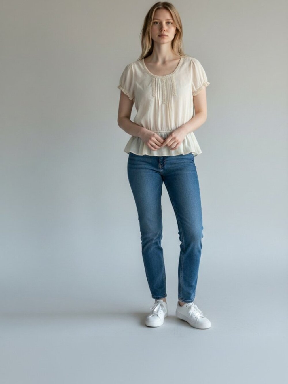 Mine Women's Cream Peasant Blouse Size Small Cottagecore Boho Lace Trim Top